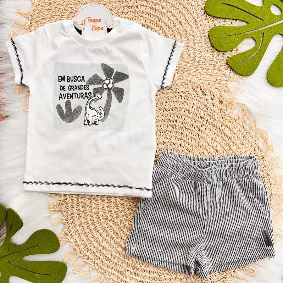 Conj. Camiseta em Buscas de Grandes Aventuras e Bermuda - Off White e Cinza